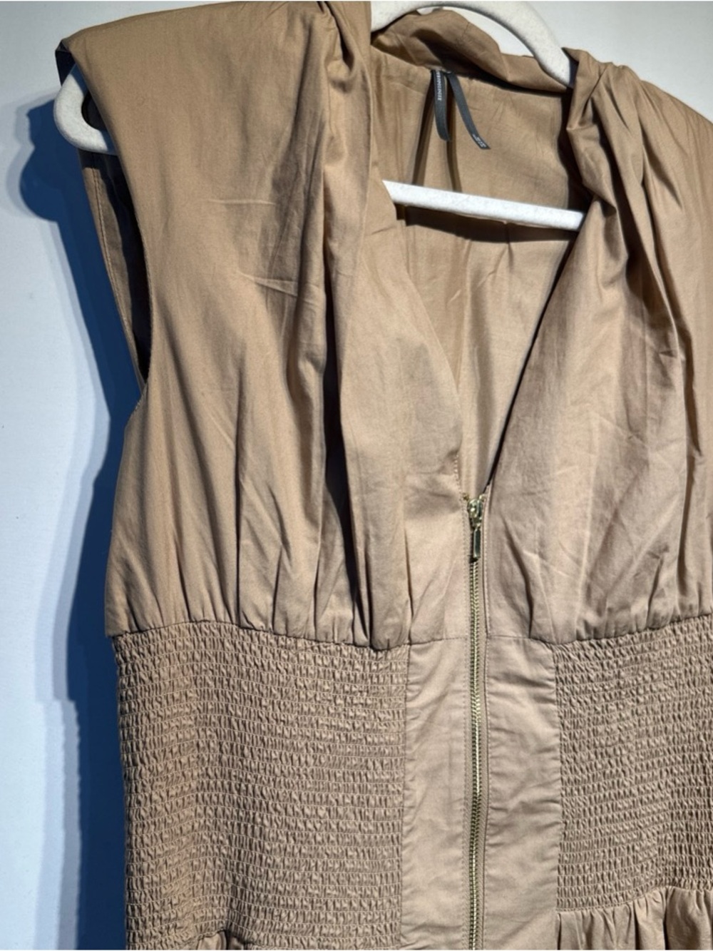 Anthropologie Tan Tommie Shirred-Waist Zip-Front Midi Dress - Picture 4 of 5